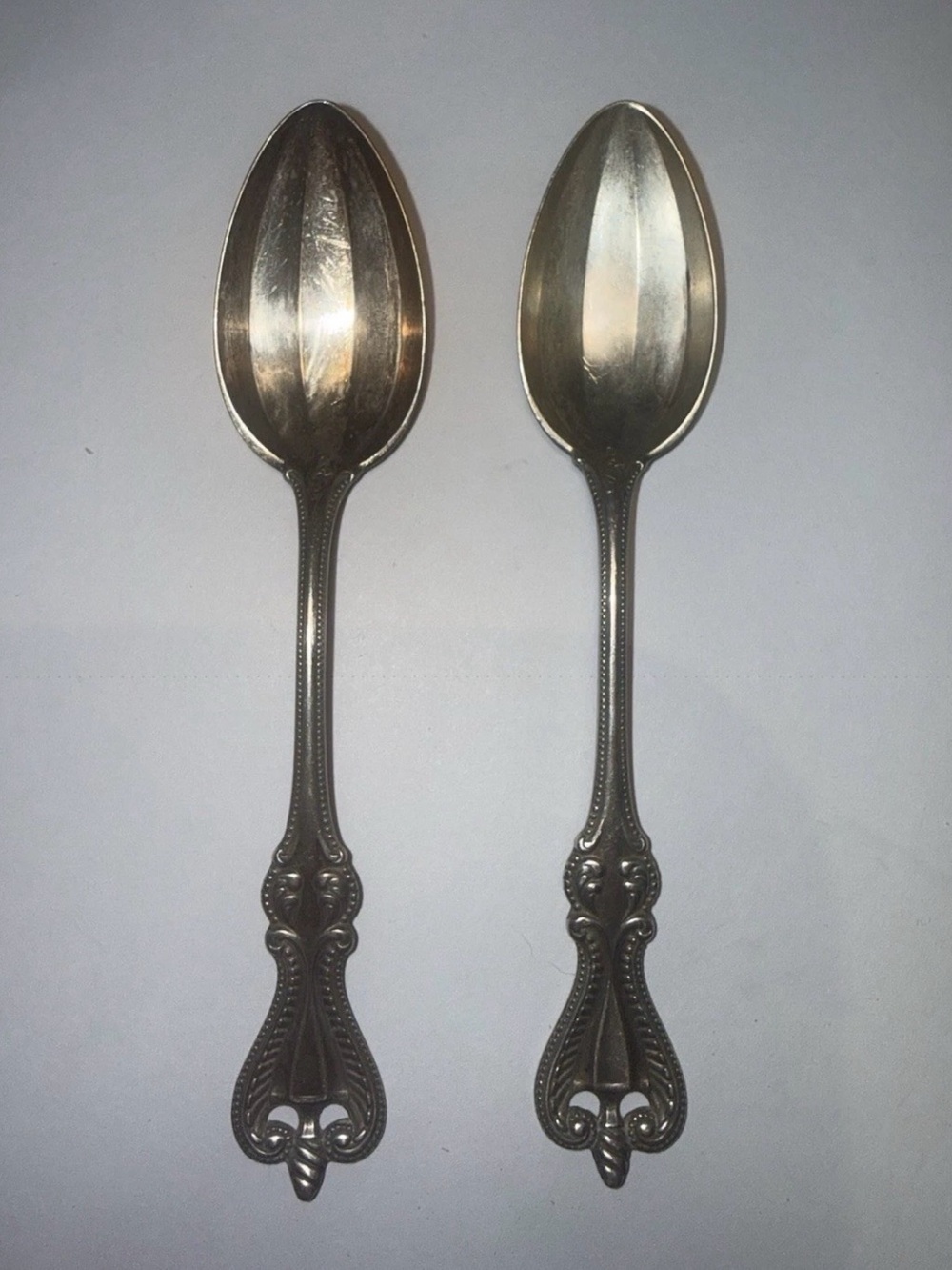 Pair Towle Old Colonial Sterling Silver Teaspoons 5 5/8” Pat 1895 Monogram L